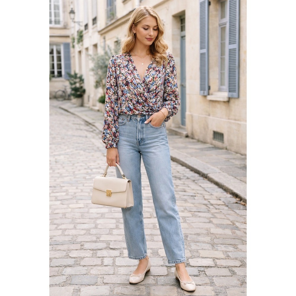 Sézane Floral Draped Blouse Silk Feel V Neck Paris Boho Romantic Top Size 36